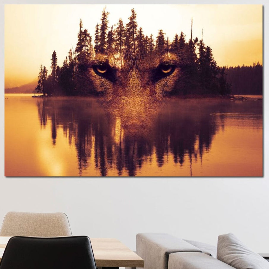 tablou canvas cu privirea unui lup redata in imaginea unei paduri pe o insula, la apus de soare reflectat in lac