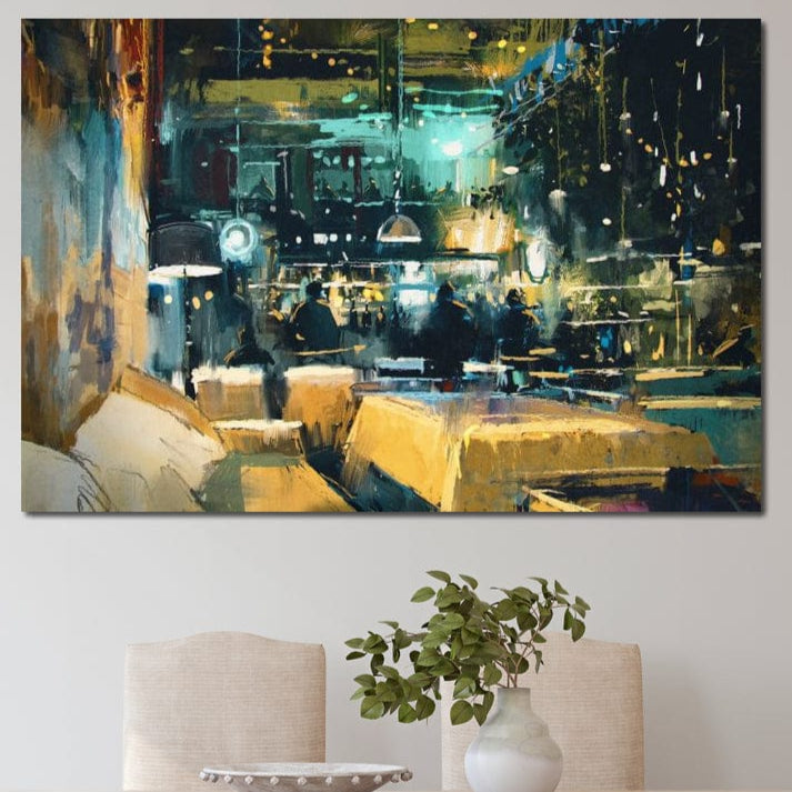 tablou canvas cu interiorul unui restaurant luminat spectaculos pe timp de noapte, pictat in nuante calde si reci