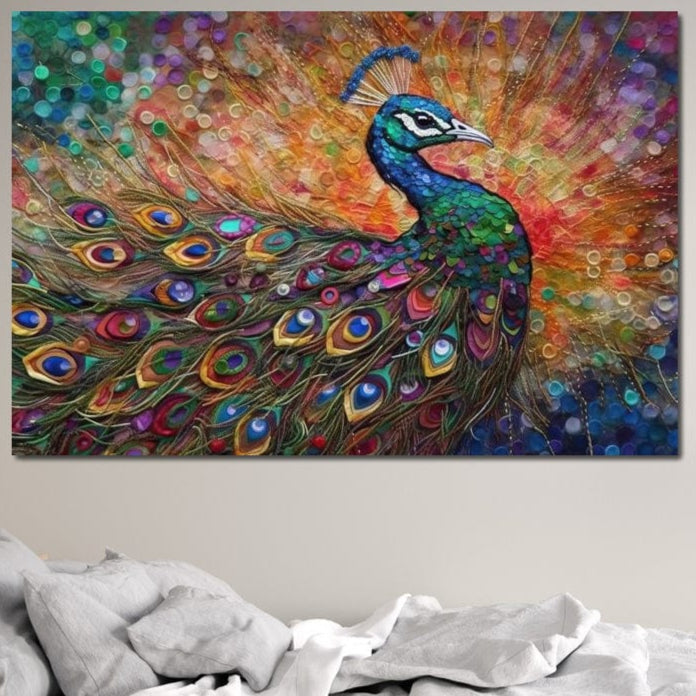 tablou canvas cu un paun cu penaj multicolor, pe fundal abstract texturat