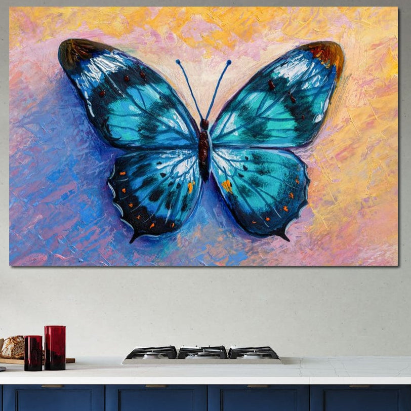 tablou canvas cu un fluture albastru pe fundal abstract pastelat stil pictura