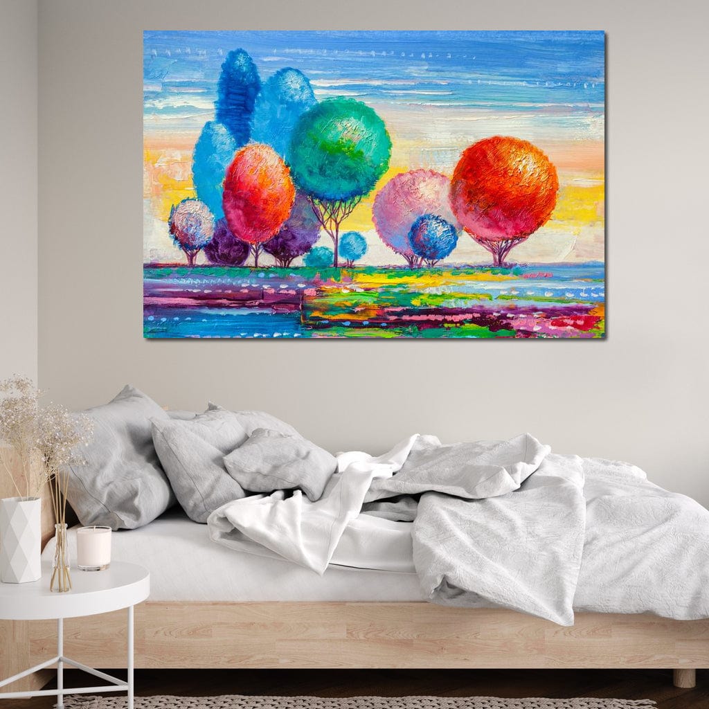 Tablou Canvas Premium, LuxCanva® K1018, Peisaj de Basm, Curcubeu, Padure, Copaci, Rotunzi, Balon, Natura, Explozie, Culoare, Taram, Simfonie, Imaginar, Ludic, Camera Copii