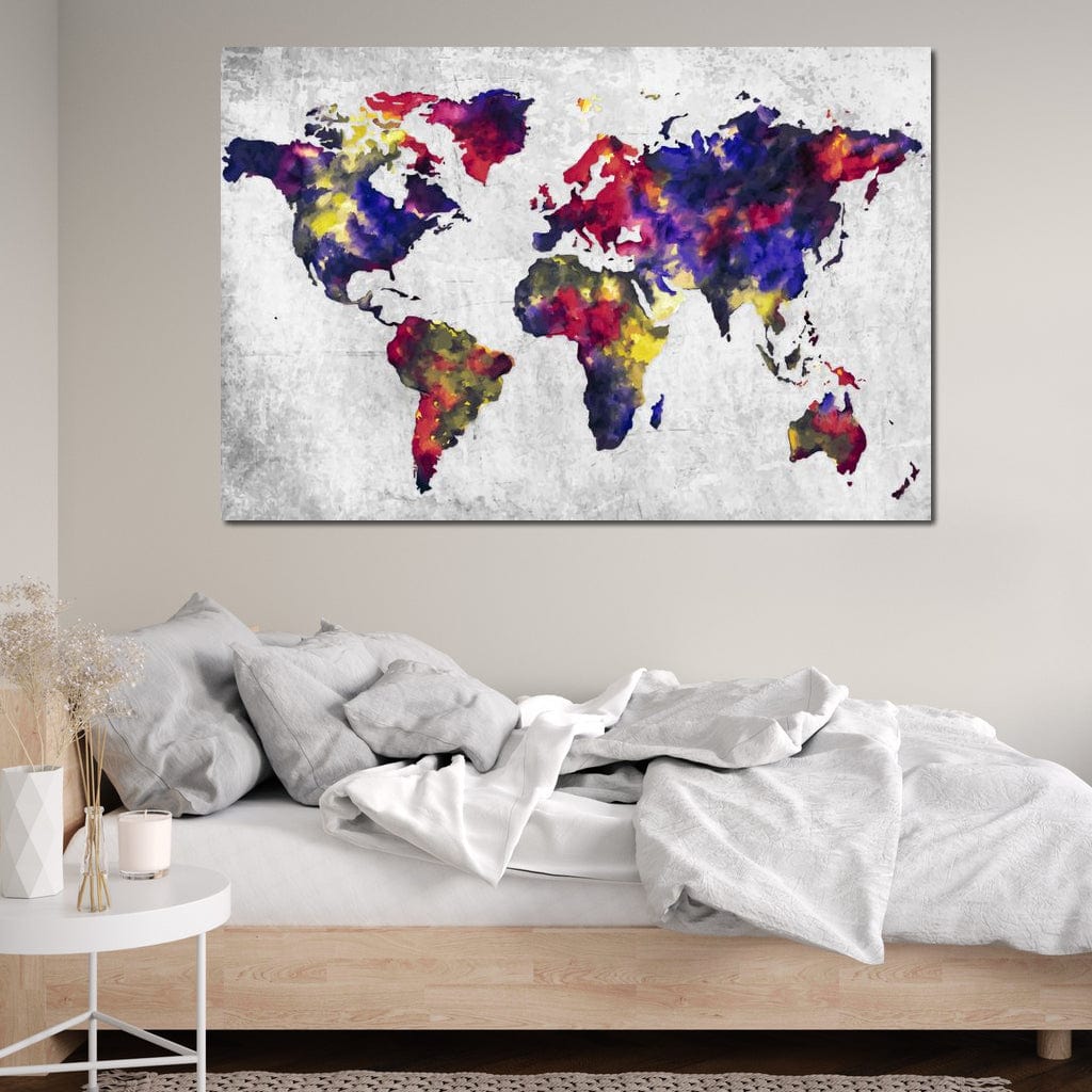 tablou canvas cu harta lumii in paleta de culori stil acuarela