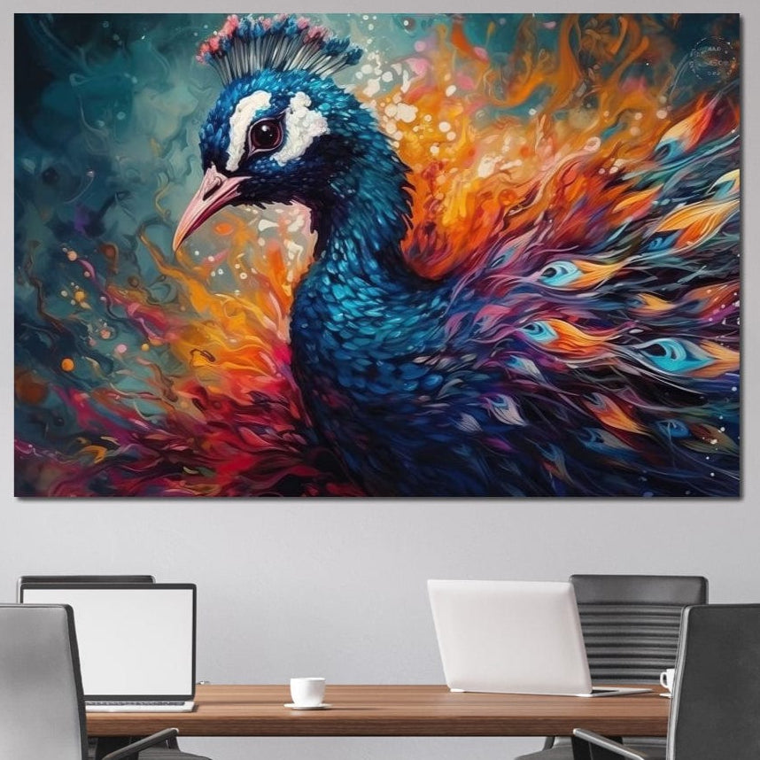 tablou canvas cu un paun redat in culori calde, pe fundal pictat abstract