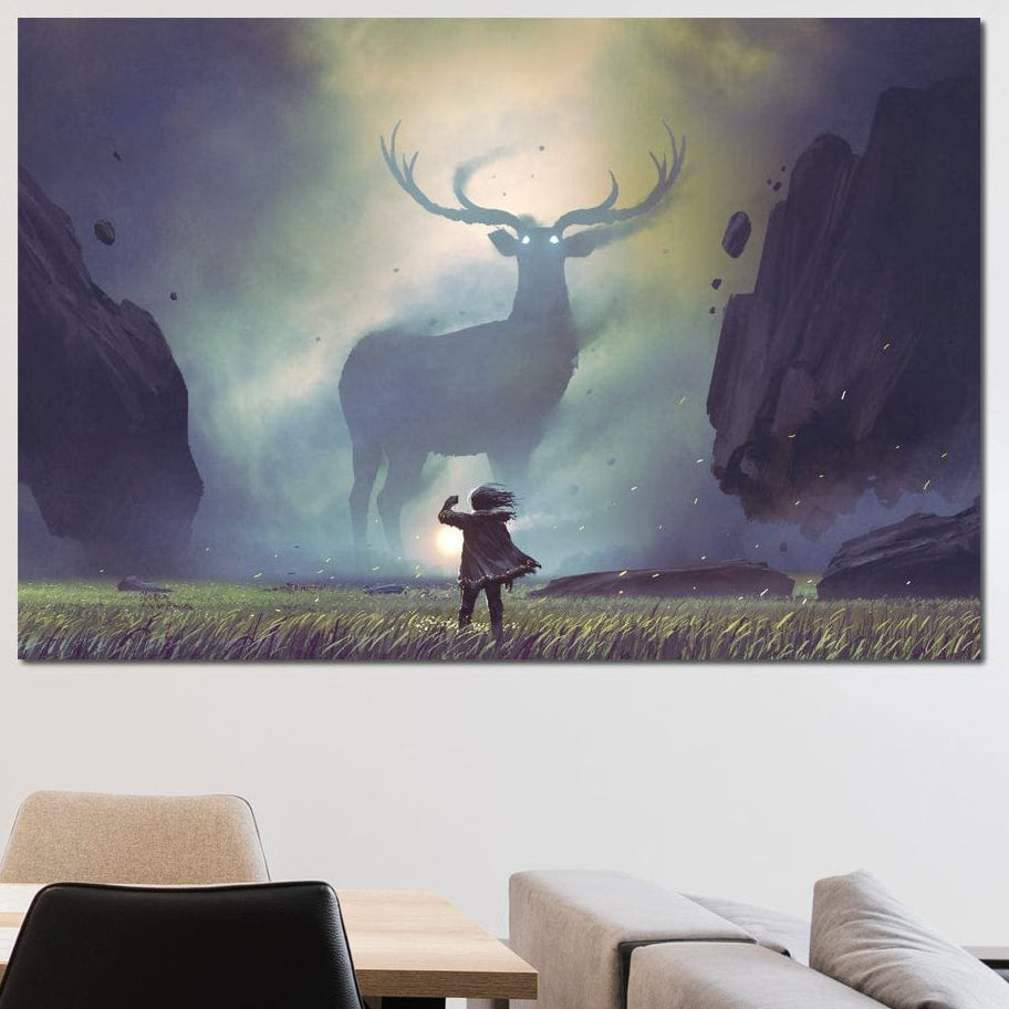 tablou canvas cu o silueta de copil in fata unui cerb urias, intr-un peisaj mistic cu stanci plutitoare