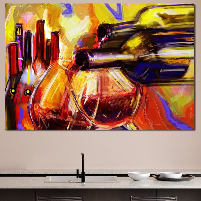 tablou canvas cu sticle de vin si pahare cu vin rosu, pictate multicolor in stil abstract 