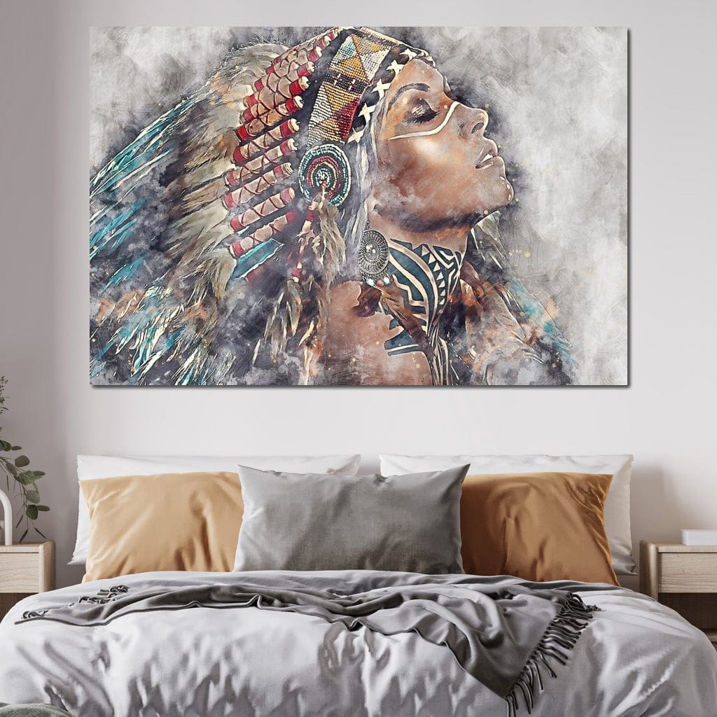 Tablou Canvas Premium LuxCanva® G1006, Suflet de Razboinica , Forta, Curaj, Tribal, Misticism, Pene, Salbatica, Femeie, Living, Dormitor, Culori vibrante
