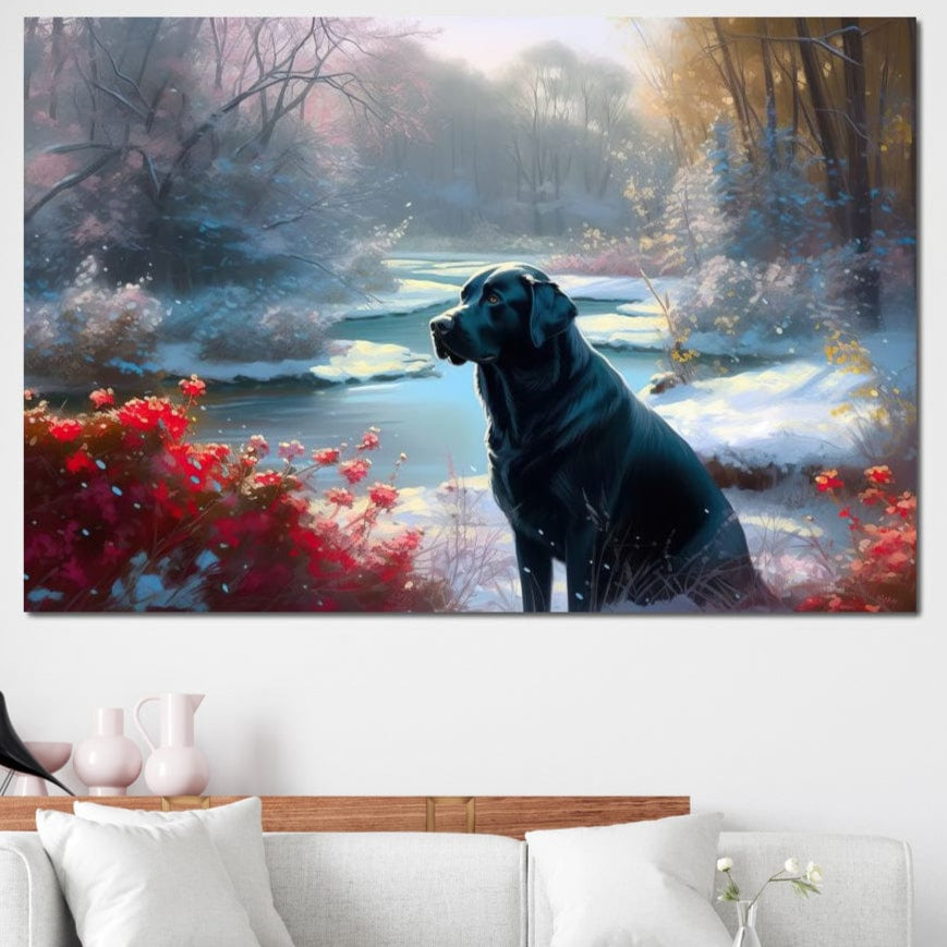 tablou canvas cu un labrador negru intr-un peisaj de iarna feeric si luminat, cu accente florale rosii langa un lac inghetat