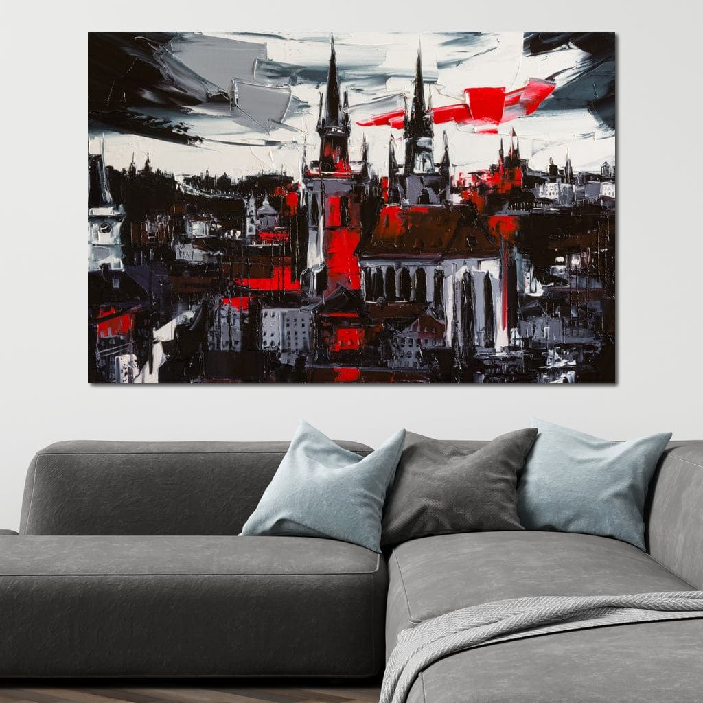 Tablou Canvas Premium, LuxCanva® O1013, Orasul Gotic, Medieval, Flacari, Negru, Rosu, Gri, Turle, Urban, Ziduri, Vechi, Umbre, Catedrala, Piatra, Contrast, Dramatic, Atmosfera, Birou, Living, Dormitor