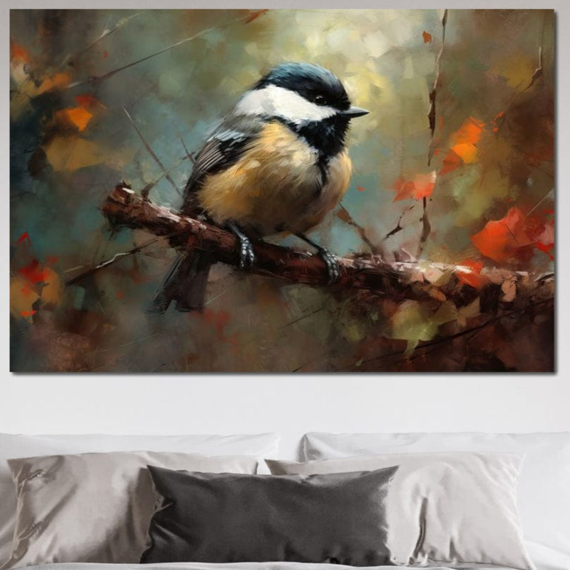 tablou canvas cu o pasare pe o creanga cu frunze intr-un decor de toamna pictat