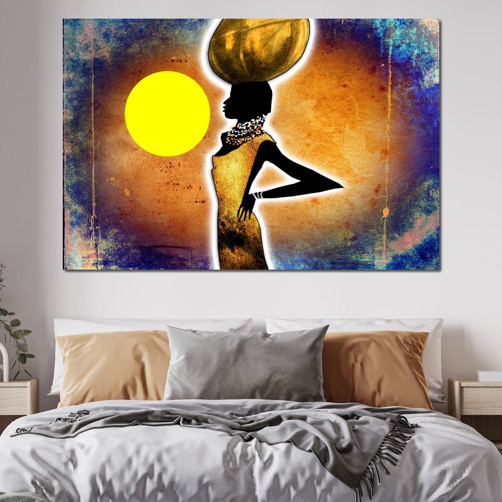 Tablou Canvas Premium LuxCanva® GL1071, Femeia Solara , Soare, Galben, Bijuterii, Apus, Aur, Silueta, Gratie, Trib, Colier, Traditie, Living, Dormitor