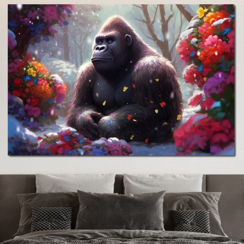 tablou canvas cu o gorila inconjurata de flori multicolore, pe fundal natural in peisaj de iarna cu zapada