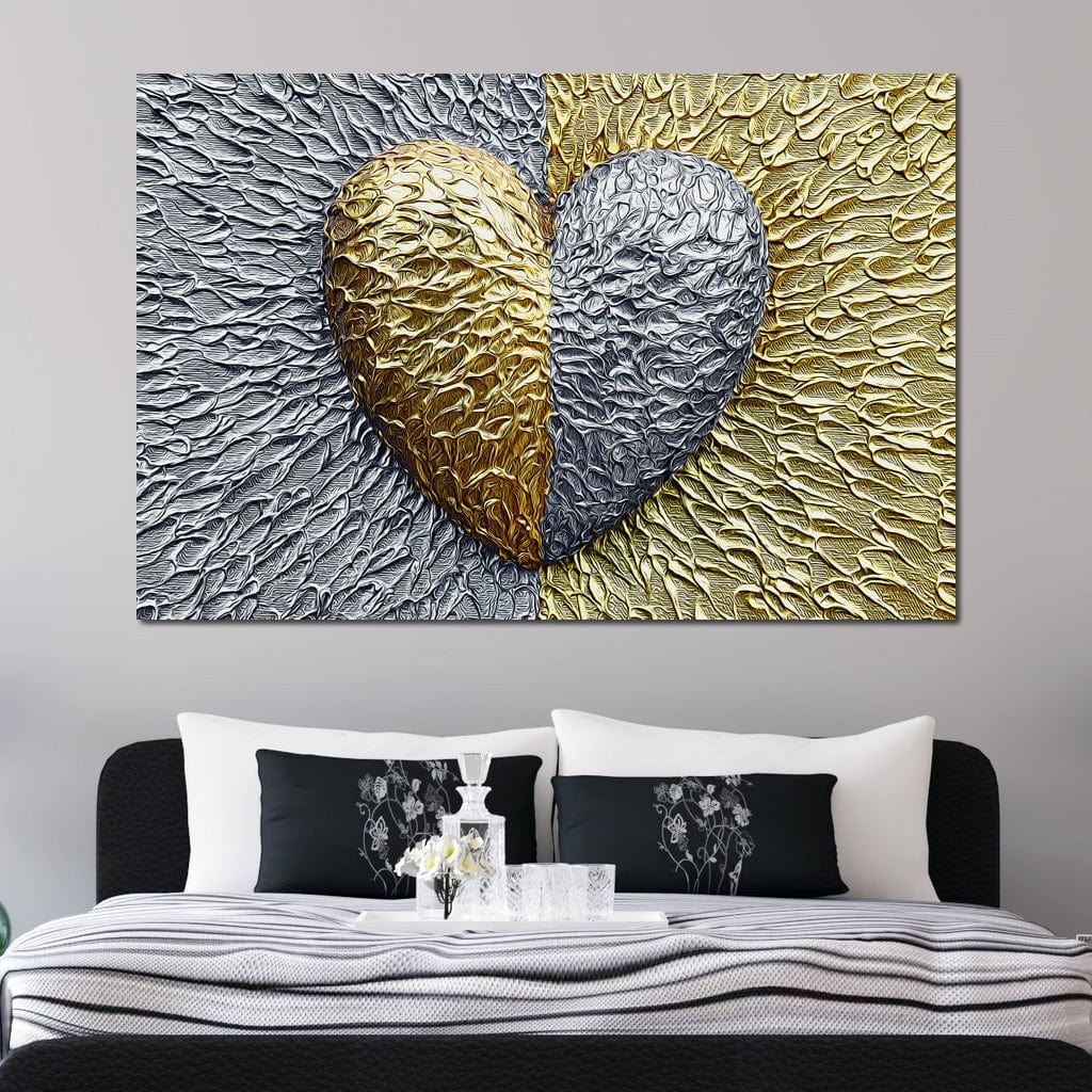 Tablou Canvas Premium LuxCanva® E1053, Inima Dualitatii, Aur, Argint, Stralucire, Textura, Simbolism, Living Room, Culori vibrante