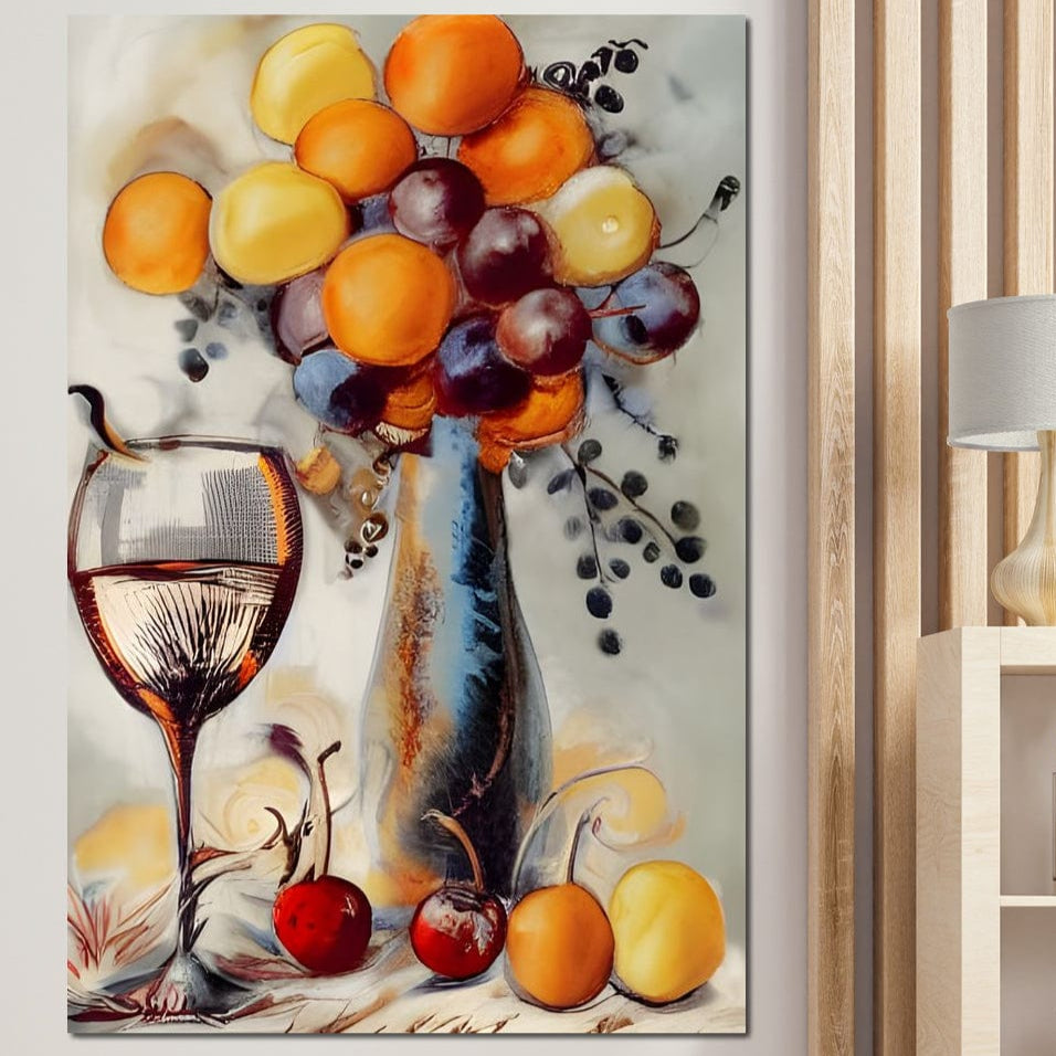 tablou canvas cu un pom fructifer si un pahar de vin, pictat in stil abstract pe fundal deschis