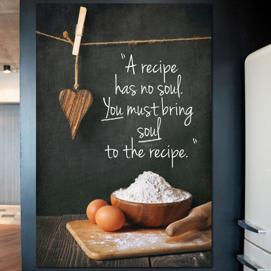 tablou canvas cu ustensile si ingrediente de bucatarie, alaturi de un mesaj text motivational