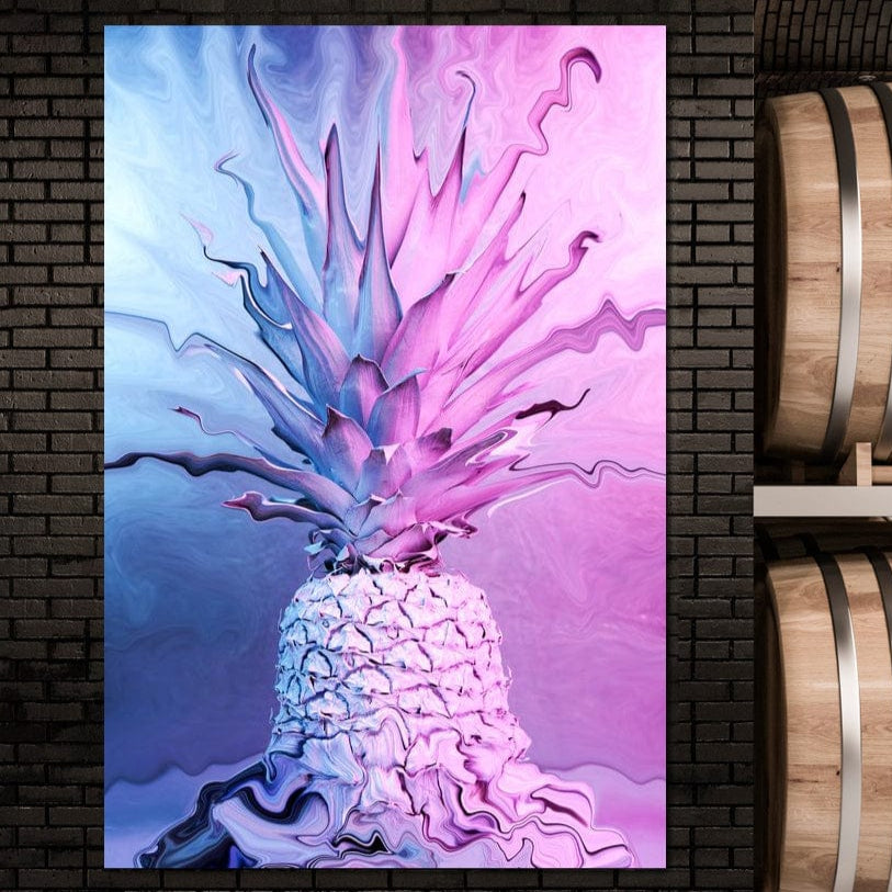 tablou canvas cu un ananas pictat in stil psihedelic, in nuante vibrante de roz si albastru neon