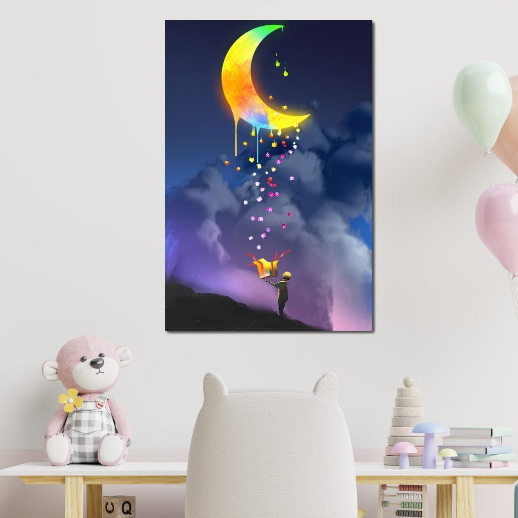 Tablou Canvas Premium, LuxCanva® K1001, Luna Care Daruieste, Curcubeu, Cer, Magie, Cutie, Copil, Ploaie, Stele, Noapte, Daruire, Stelar, Vis, Imaginatie, Camera Copii