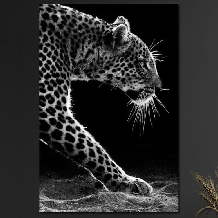 tablou canvas cu un leopard surprins in moment de atac, din profil, pe fundal intunecat alb si negru