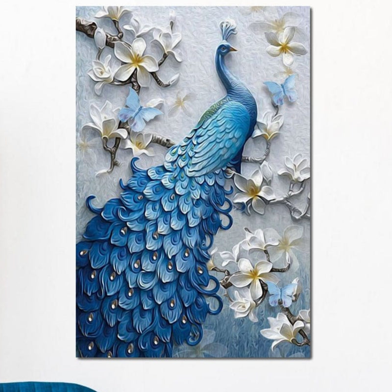 Tablou Canvas Premium LuxCanva® M1404: un paun elegant cu coada spectaculoasa, printre flori de magnolie si fluturi albastri, imprimat pe panza bumbac cu print premium - decor ideal pentru birou, living sau camera copilului.