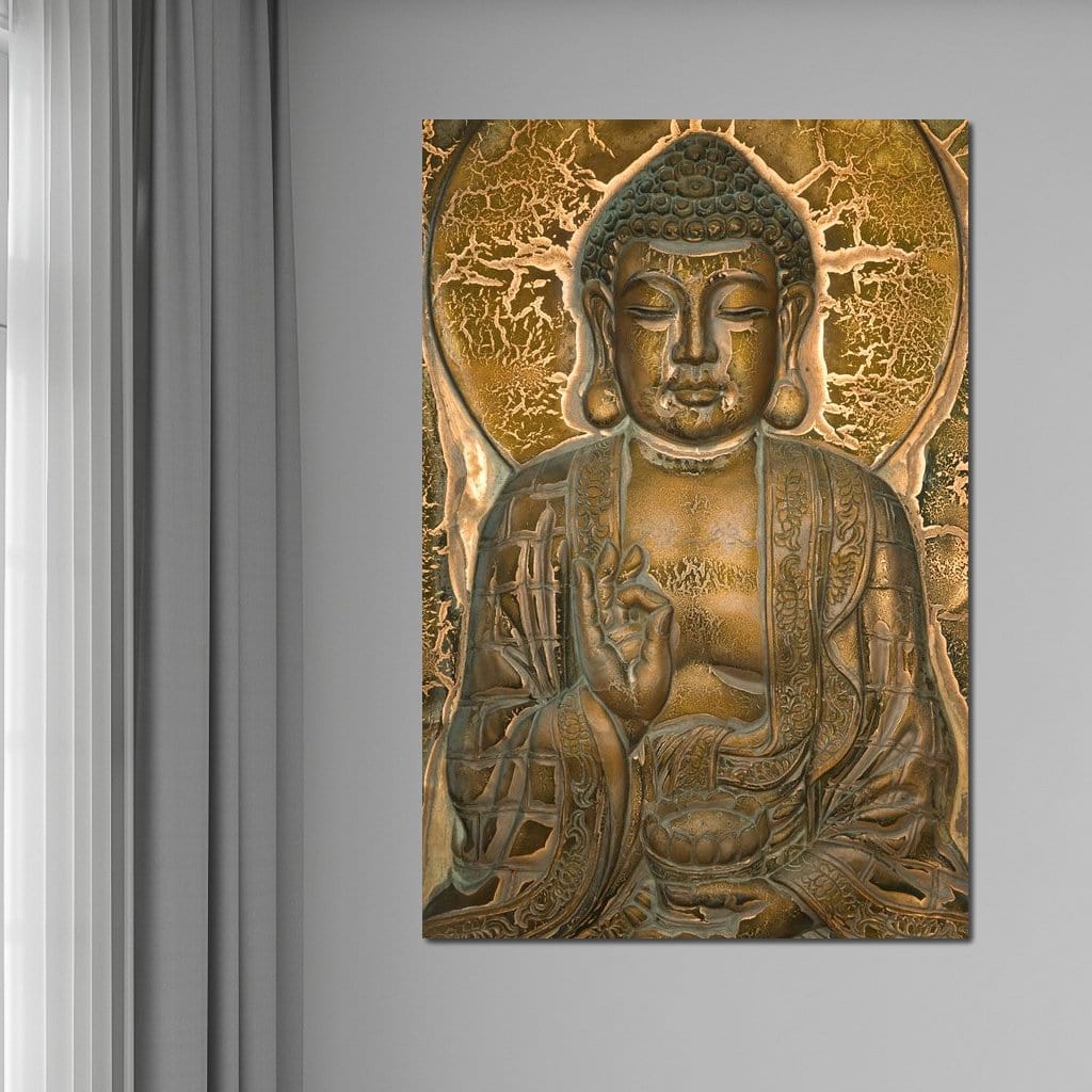 Tablou Canvas Premium LuxCanva® I104, Aur si Intelepciune, Buddha, Aur, Zen, Meditatie, Pace, Liniste, Echilibru, Energie, Spiritualitate, Lotus, Living, Dormitor