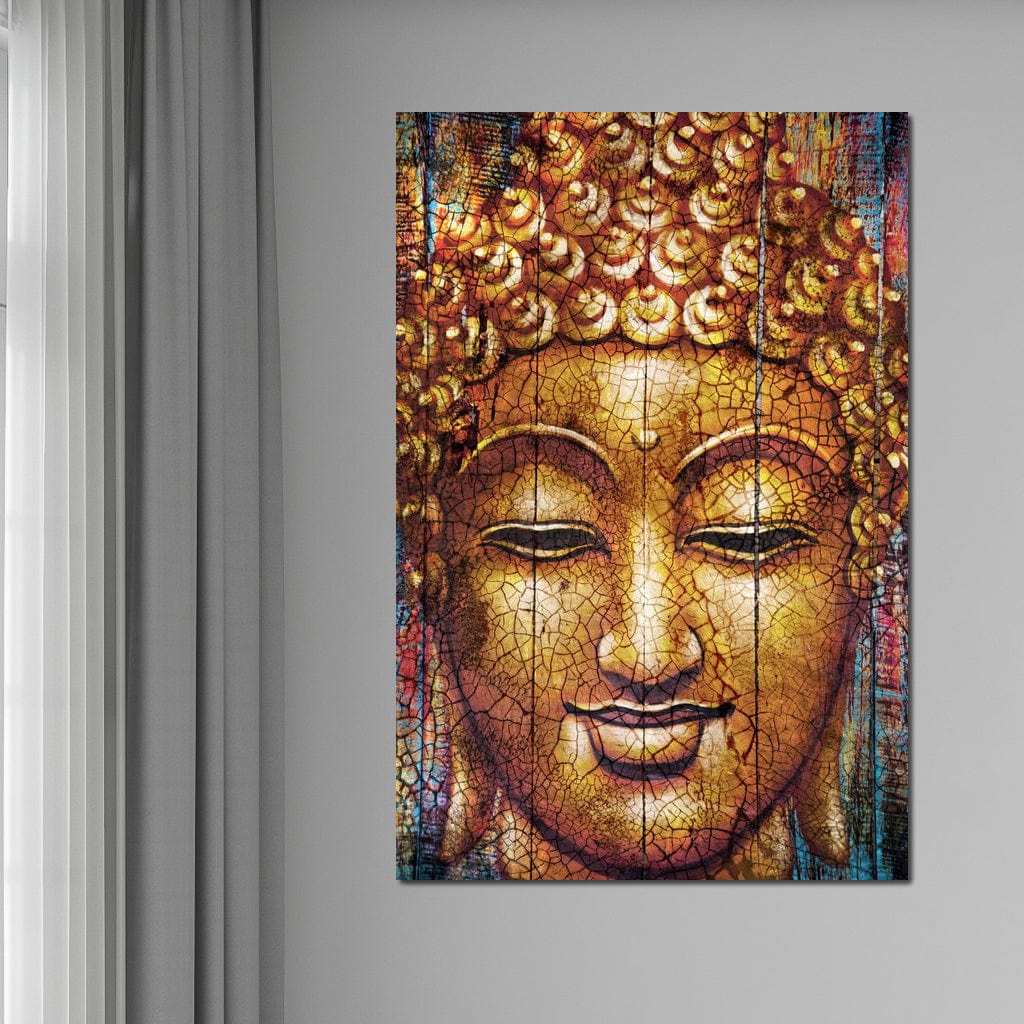 Tablou Canvas Premium LuxCanva® I107, Zambetul Tacerii, Buddha, Zambet, Liniste, Aur, Spiritualitate, Armonie, Energie Interioara, Meditatie, Seninatate, Living, Dormitor