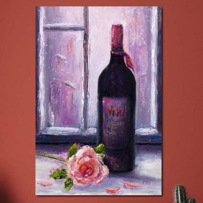 tablou canvas cu o sticla de vin rosu si un trandafir langa o fereastra, pictat intr-un cadru romantic
