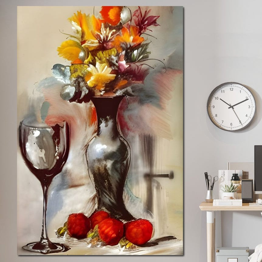 tablou canvas cu o vaza cu flori multicolore, pe o masa cu fructe rosii si un pahar de vin, pictate in stil rustic