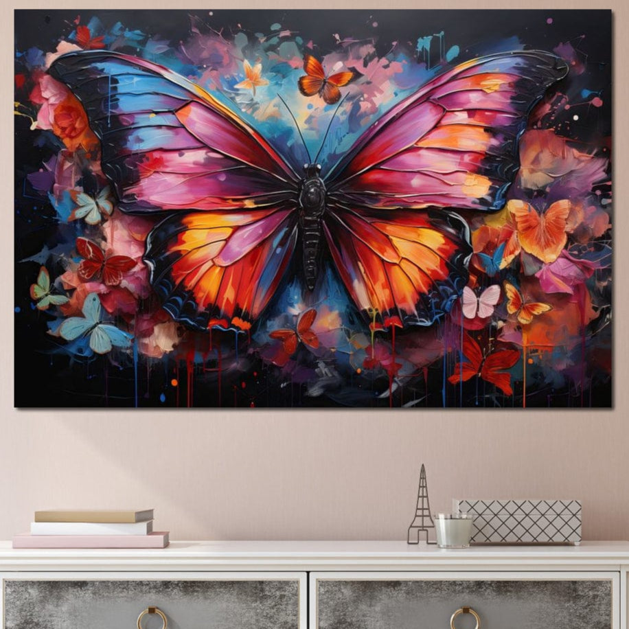 tablou canvas cu un fluture mare multicolor, inconjurat de fluturi mai mici si colorati, pe fundal intunecat cu accente florale