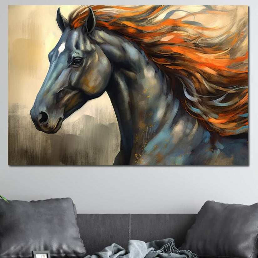 tablou canvas cu un cal pictat in nuante de negru si portocaliu pe fundal abstract bej