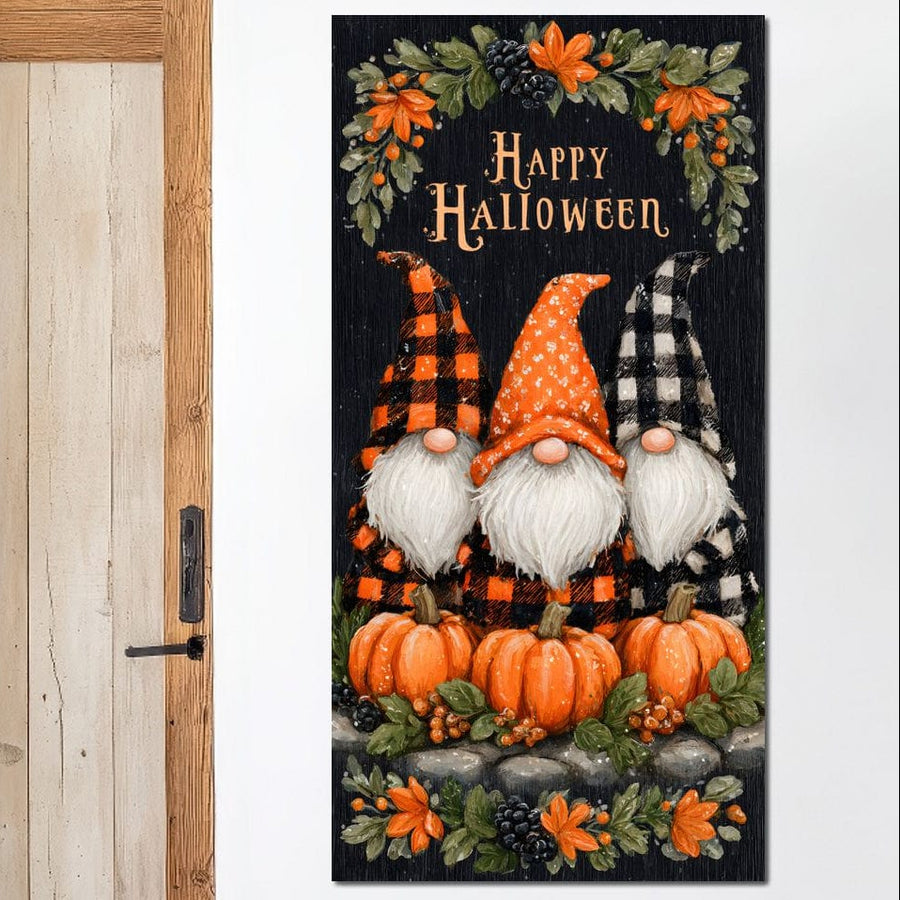 Tabloul LuxCanva® Tablou Canvas Premium N1183, "Poveste de Halloween", prezintă gnomi festivi, dovleci și decorațiuni de toamnă într-o coroană de toamnă magică pe pânză neagră - perfect pentru baruri, saloane, bucătării sau restaurante.