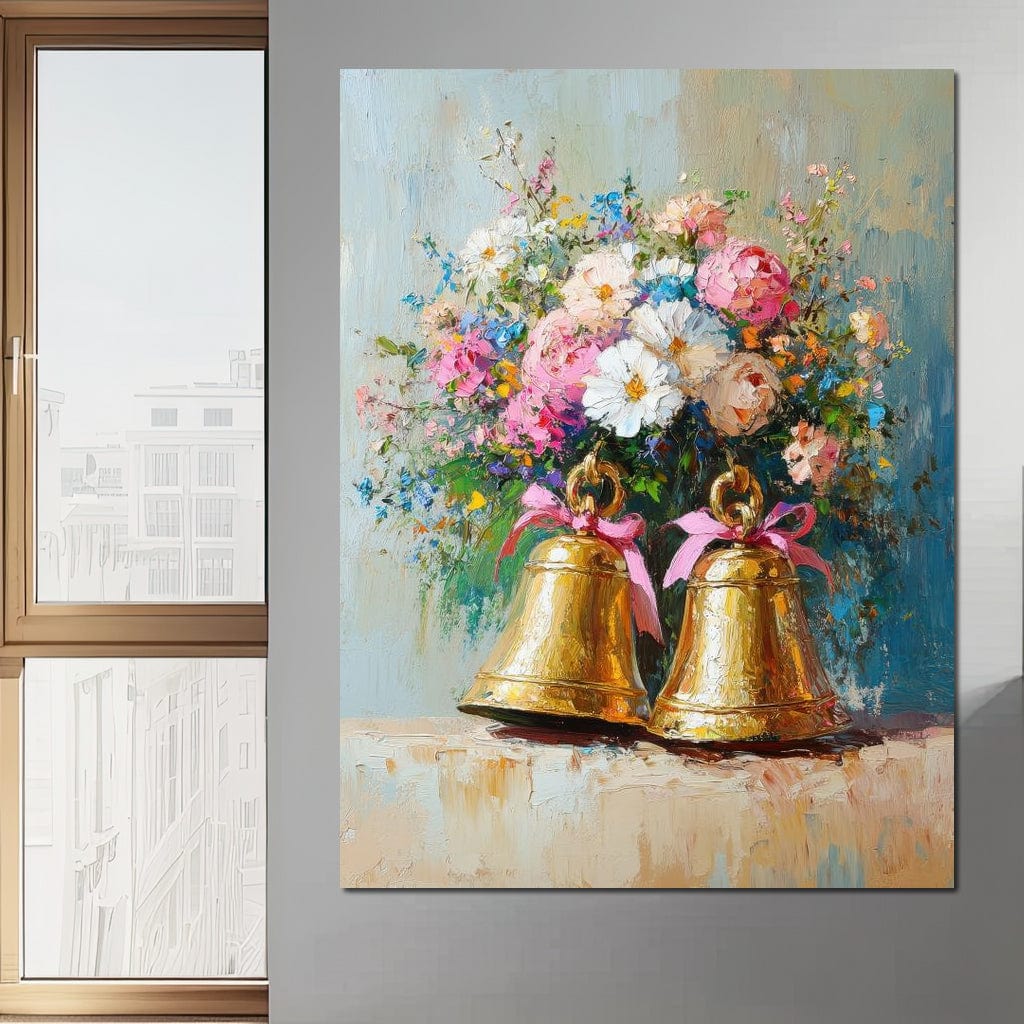 Tablou Canvas Premium LuxCanva® D1028, Clopotei Inflorati , Bujori, Clopotei, Aurii, Decoratiuni, Buchet, Living Room, Culori vibrante