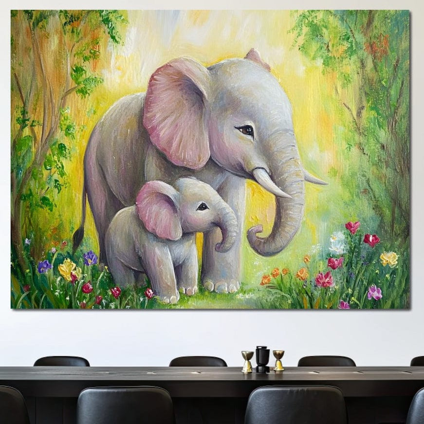 tablou canvas cu doi elefanti, mama si pui, intr-o gradina cu flori multicolore, redat in stil pictura