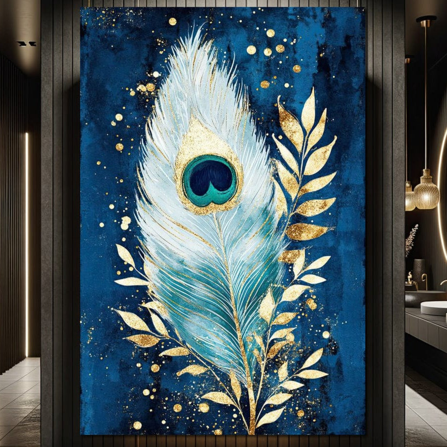 tablou canvas cu o pana de paun pictata cu accente aurii, pe fundal albastru inchis