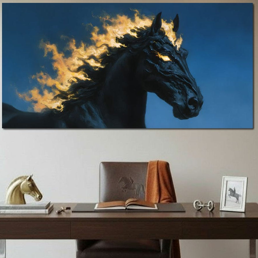 tablou canvas cu un cal negru cu coama in flacari, in galop pe fundal albastru