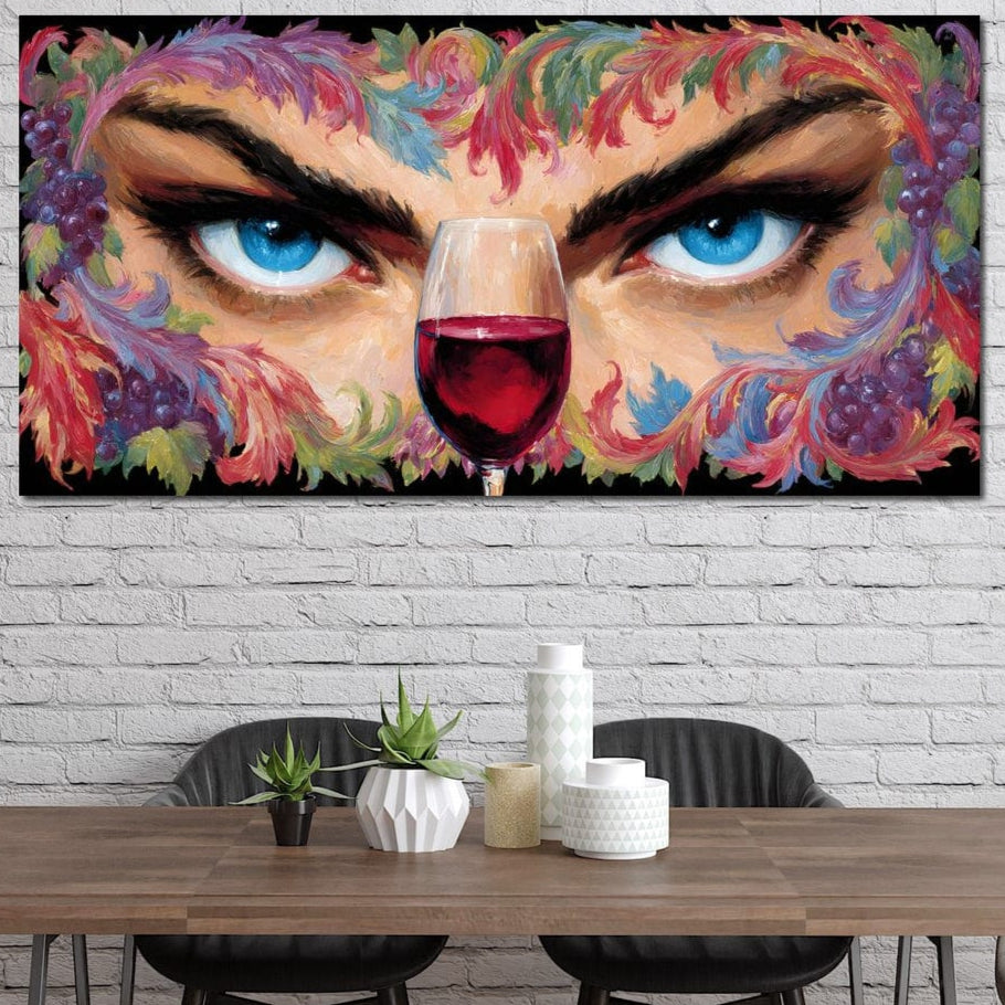 tablou canvas cu ochi albastri privind un pahar de vin rosu, intr-un cadru cu flori multicolore si struguri