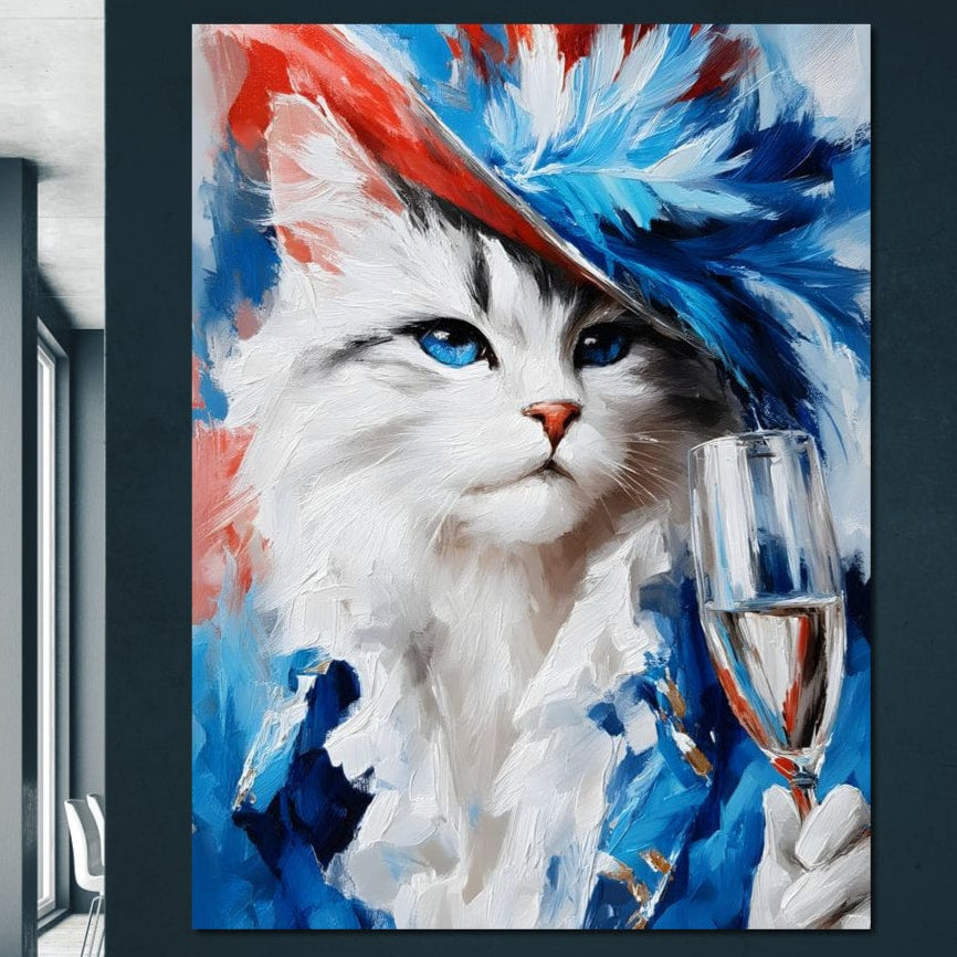 tablou canvas cu o pisica alba aristocrata, in costum albastru cu palarie cu pene si un pahar cu sampanie, pe fundal multicolor stil pictura