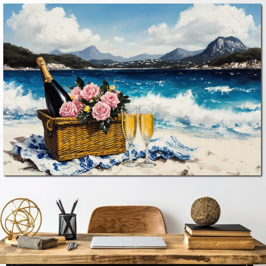 tablou canvas cu un cos de picnic cu trandafiri roz, o sticla si doua pahare de sampanie pe malul marii, pe fundal exotic de vacanta