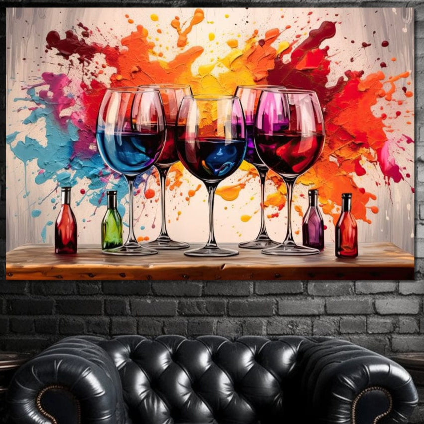 tabliu canvas cu pahare cu bauturi colorate pe o masa de lemn, pe fundal abstract stropit cu pete de culoare