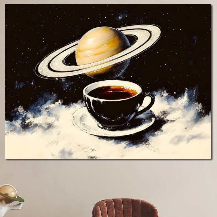 tablou canvas cu o ceasca de cafea neagra, pe fundal intunecat cu stele si planeta Saturn