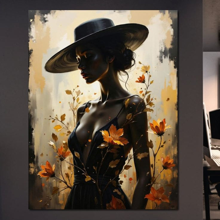 Tablou Canvas Premium, LuxCanva® G1170, Silueta de Rugina, Lady, Palarie, Rochie, Negru, Flori, Toamna, Dramatic, Silueta, Petale, Auriu, Romantism, Baroc, Boem, Poetic, Birou, Living, Dormitor