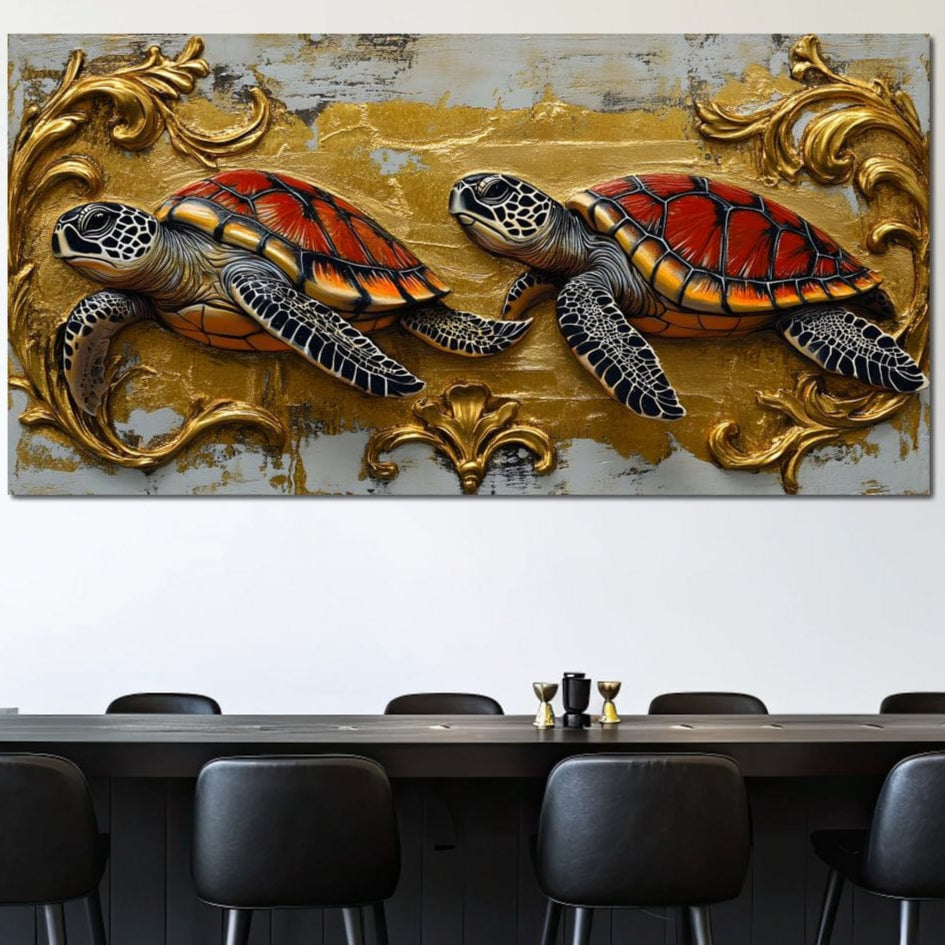 tablou canvas cu doua testoase cu carapace rosie pictate pe fundal auriu abstract