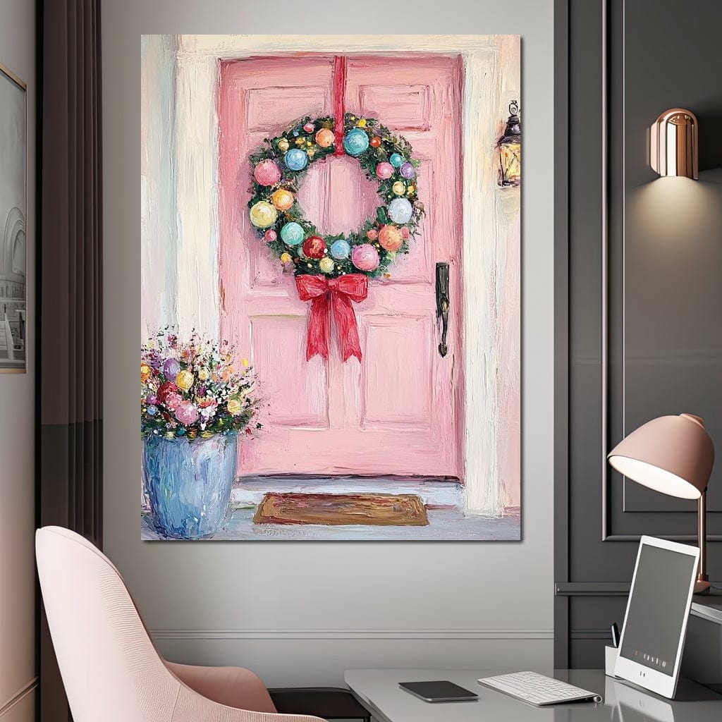 Tablou Canvas Premium LuxCanva® D1060, Bine ai Venit, Craciun , Coronita, Roz, Usa, Festiv, Craciun, Musafiri, Living Room, Culori vibrante