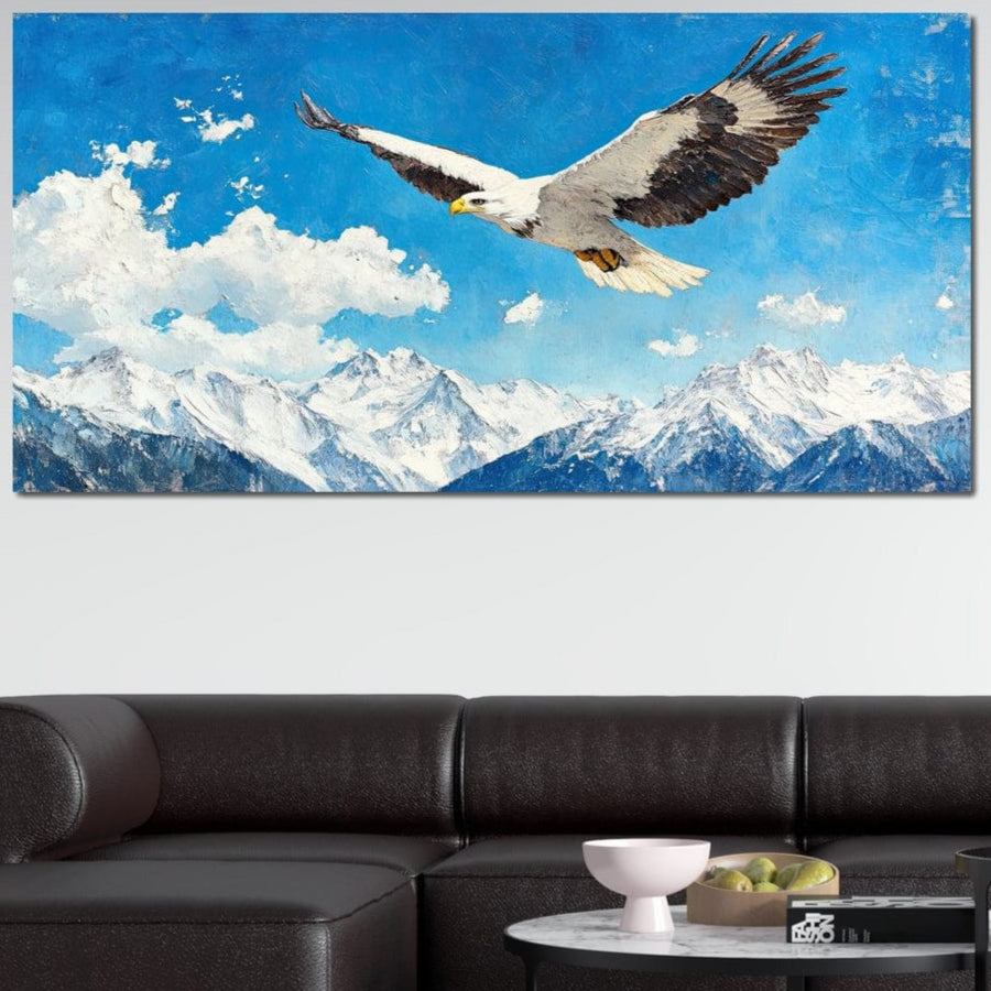 tablou canvas cu un vultur in zbor deasupra muntilor acoperiti de zapada