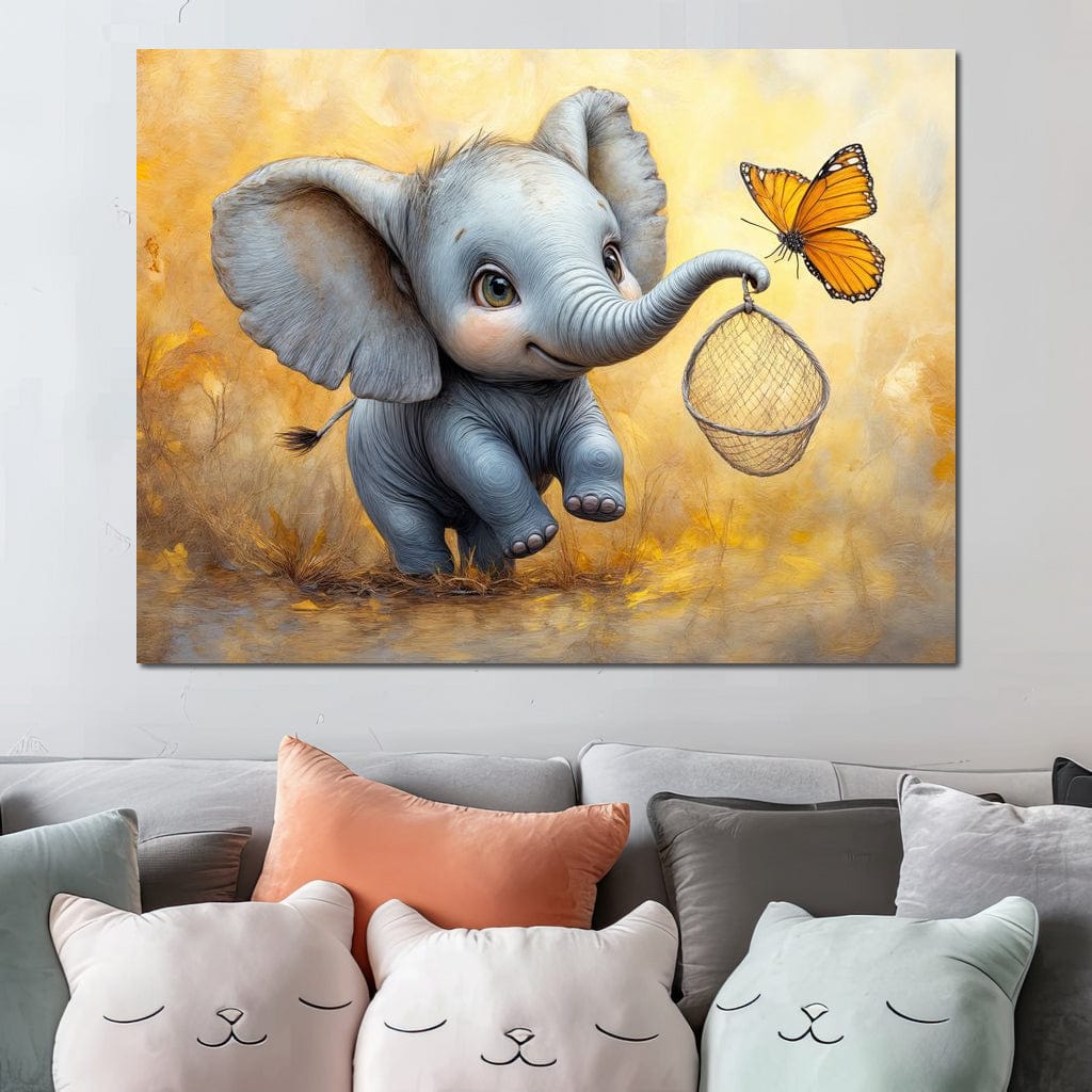 Tablou Canvas Premium, LuxCanva® K1027, Fluturasul si Elefantelul, Zbor, Aventura, Dragalas, Animale, Prietenie, Joaca, Pastel, Gradinita, Cresa, Inocenta, Copilarie, Galben, Camera Copii