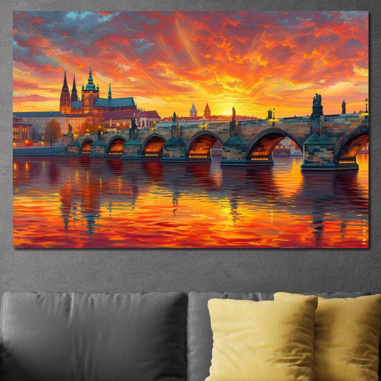 Tablou Canvas Premium, LuxCanva® O1001, Praga in Flacarile Cerului, Pod, Apus, Carol, Reflexii, Aur, Magie, Oras, Rau, Catedrala, Romantism, Medieval, City, Splendoare, Birou, Living, Dormitor