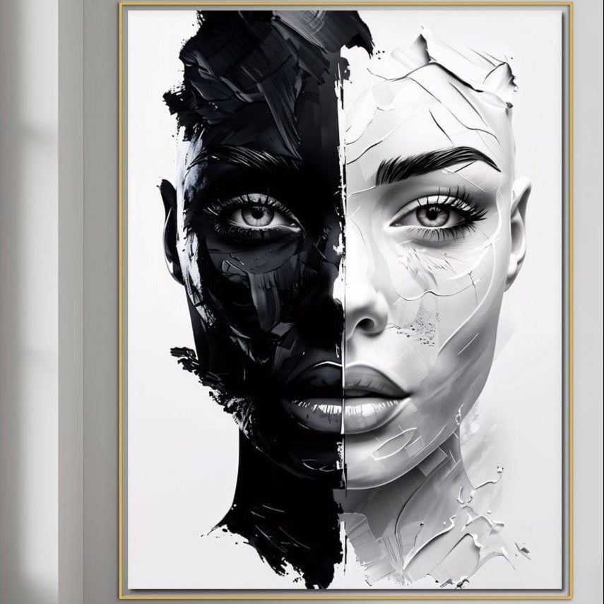 Leinwandbilder Premium, LuxCanva® G1163, Zwei Mädchen, eine Seele, Dualität, Weiß, Schwarz, Monochrom, Yin, Yang, Licht, Wirkung, Schwarz, Harmonie, Gesichter, Frauen, Herz, Büro, Wohnen, Schlafzimmer