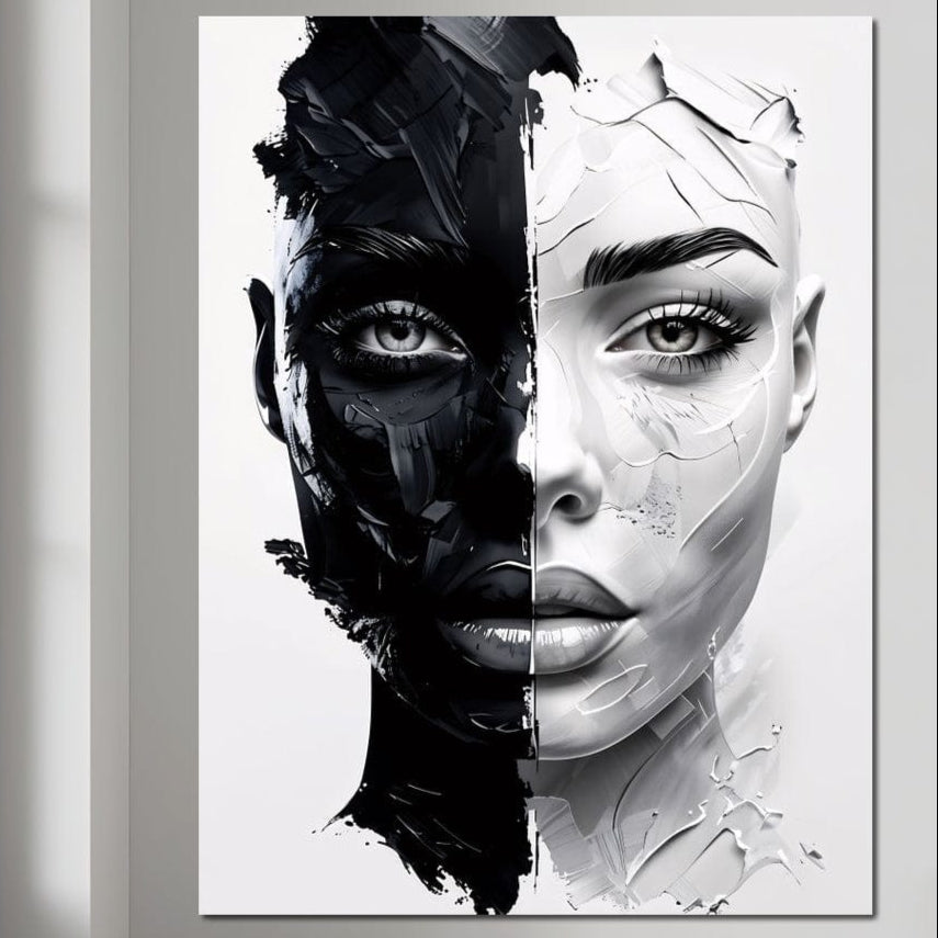Tablou Canvas Premium, LuxCanva® G1163, Doua Fete, Un Suflet, Dualitate, Alb, Negru, Monocrom, Yin, Yang, Lumina, Impact, Negura, Armonie, Chipuri, Femei, Inima, Birou, Living, Dormitor