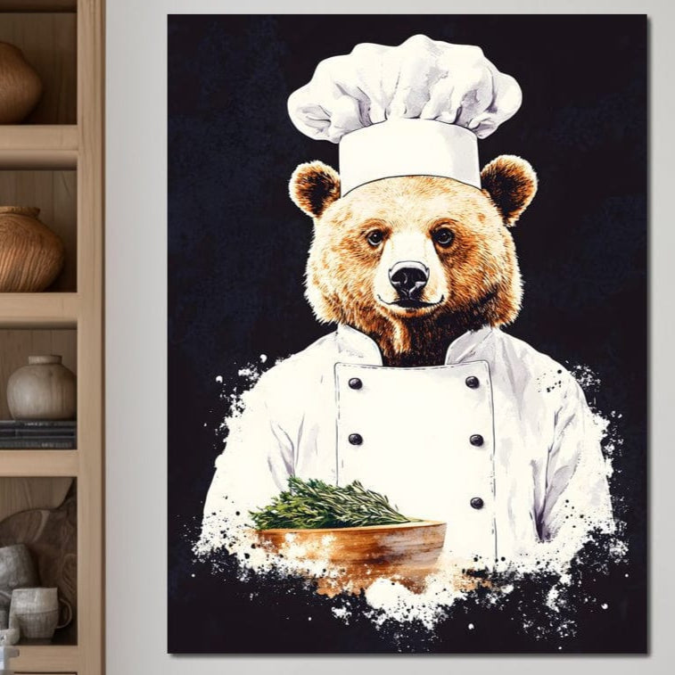 tablou canvas cu un urs in costum de bucatar tinand un bol cu verdeturi pe fundal negru