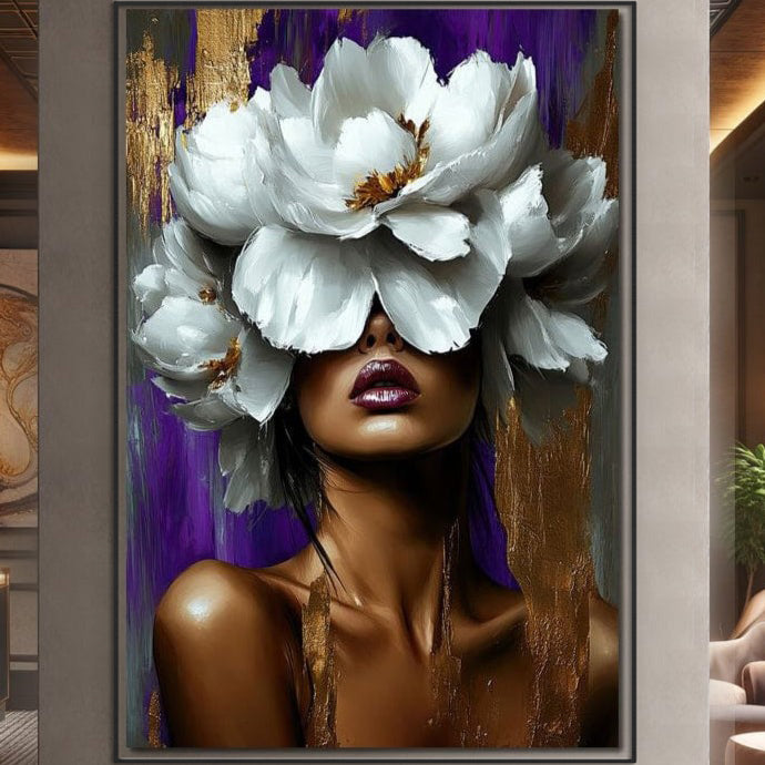 Tablou Canvas Premium LuxCanva® G1012, "Aura Florala a Femeii", prezintă o femeie cu flori albe ce îi acoperă ochii, pe un fundal vibrant mov-auriu. Perfect pentru living sau dormitor, aduce eleganță și rafinament oricărui spațiu.