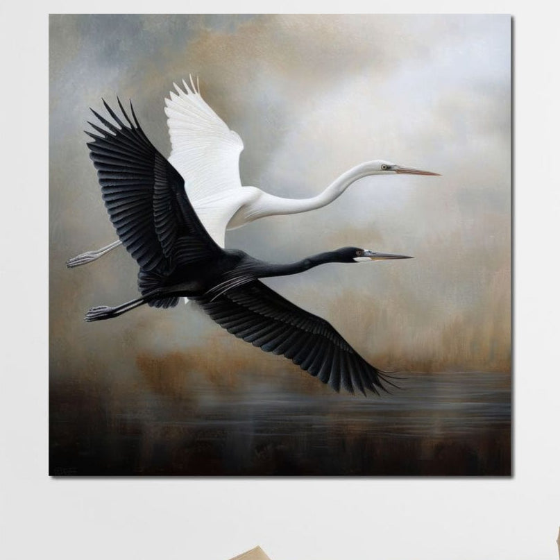 tablou canvas cu o pasare alba si o pasare neagra zburand sincron deasupra unui lac cuprins de ceata