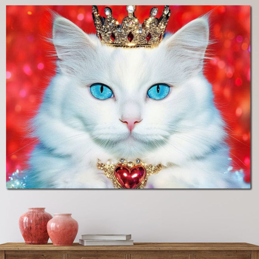 tablou canvas cu o pisica alba cu ochi albastri, incoronata si cu o zgarda tip bijuterie, pe fundal rosu stralucitor